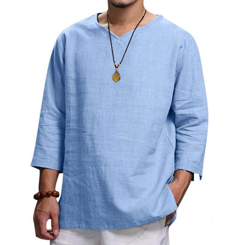 Loose Casual V-neck Top Cotton And Linen Long Sleeve Pullover Shirt Mens Clothing - Velora
