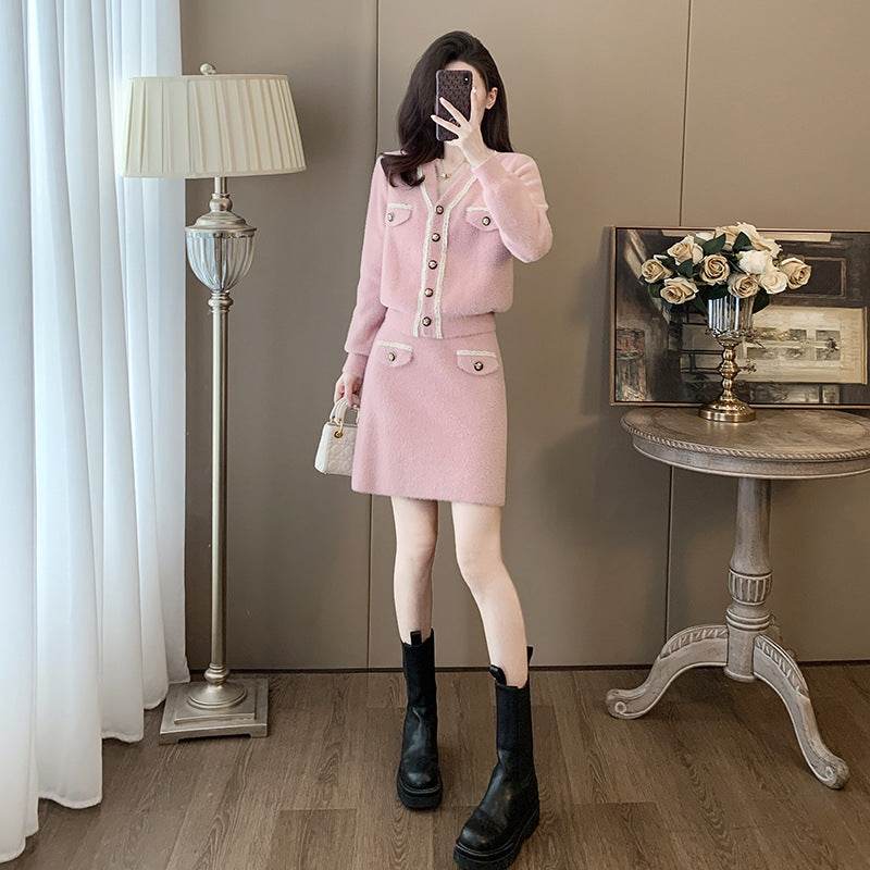 Cardigan Long Sleeve Knitted Two-piece Suit Skirt - Velora