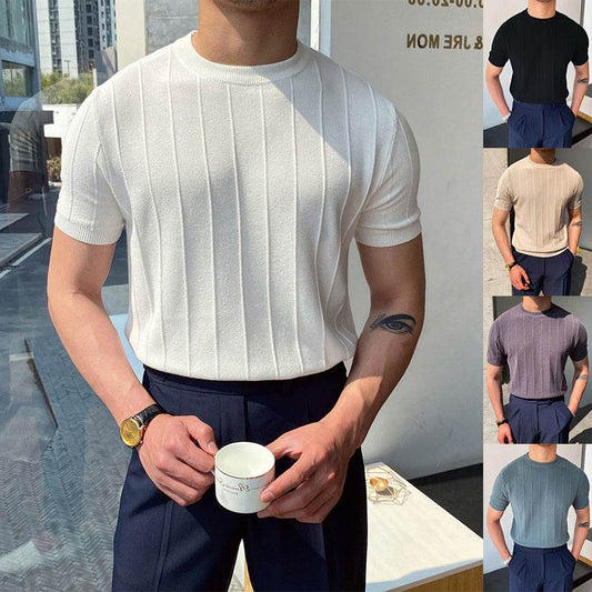 Short Sleeve Knitted T-shirt Summer Men's Light Round Neck Thin Tops - Velora
