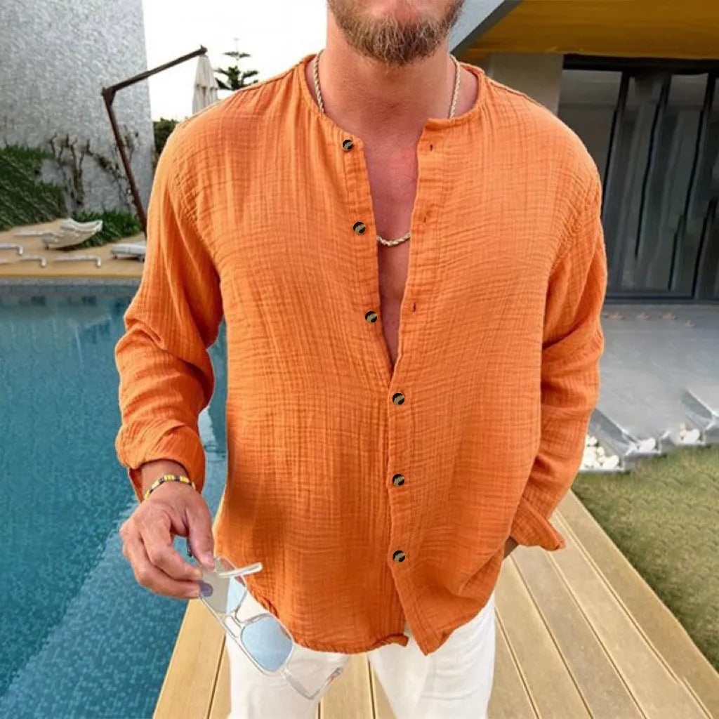 Men's Full Size Linen Button-Down Mandarin Collar Shirt Plus Size - Velora