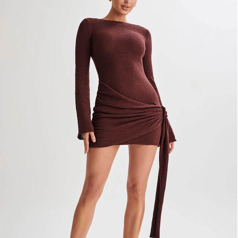 Fashion Slim Long-sleeved Dress Y2K Sexy Hip-hugging V-shaped Backless Short Dresses Womens Clothing - Velora