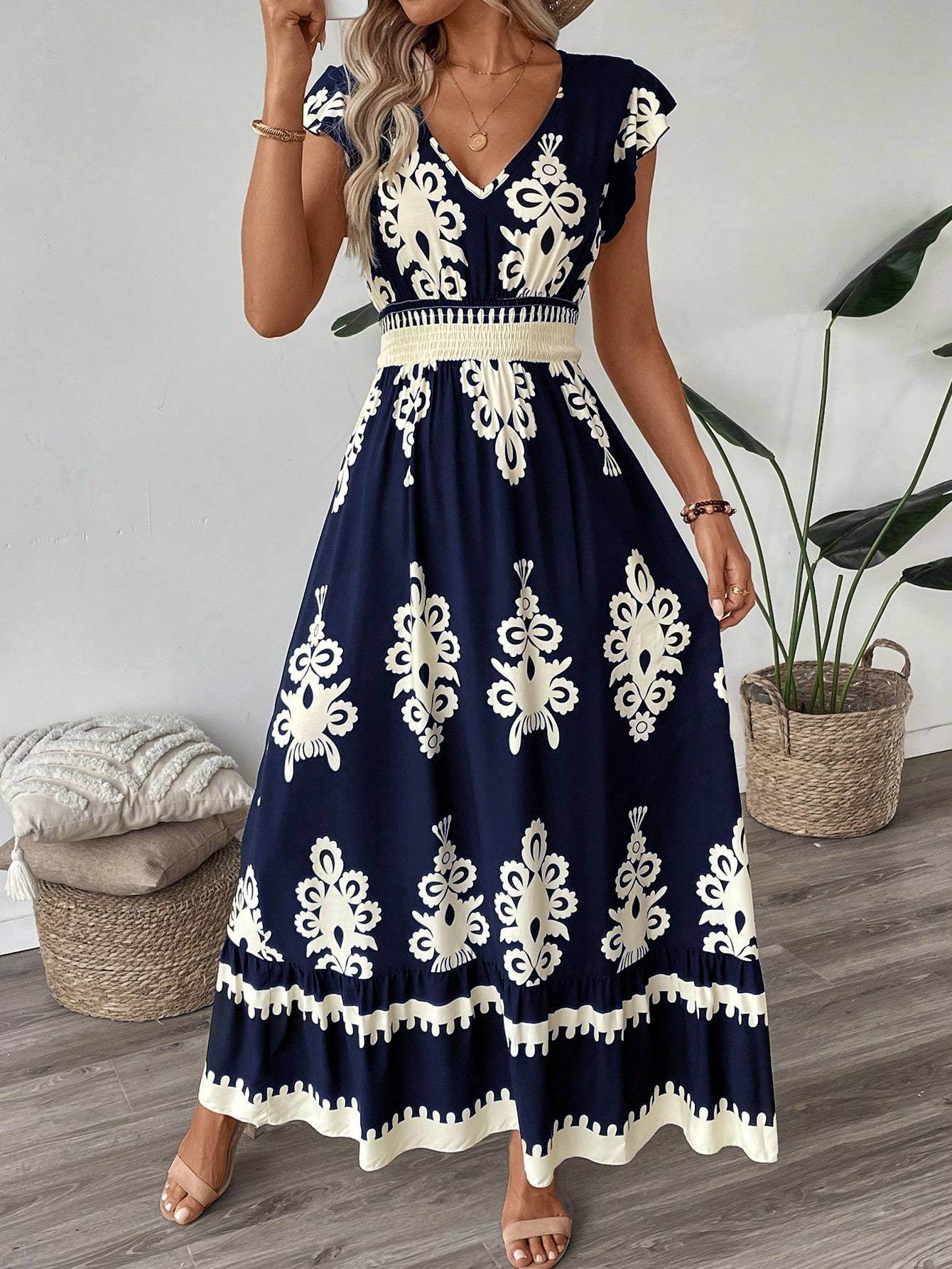 Trim Cap Sleeve Cinched Waist Ruffle Hem A-Line Dress - Velora