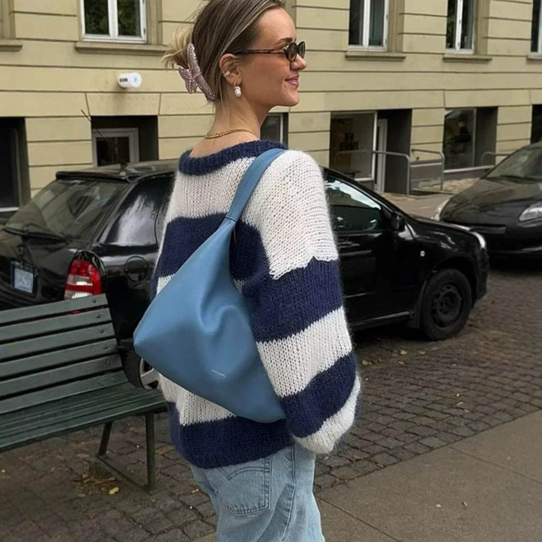 Women's Round Neck Long Sleeve Striped Sweater Top - Velora