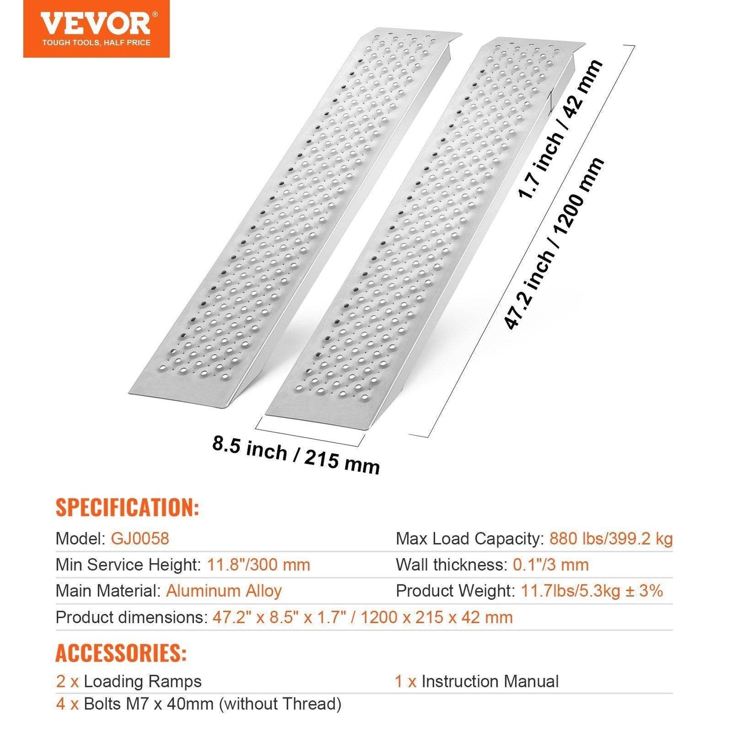 47.2 X 8.5 Aluminum Ramps 880 LBS Capacity Loading Ramps 2PCS - Velora