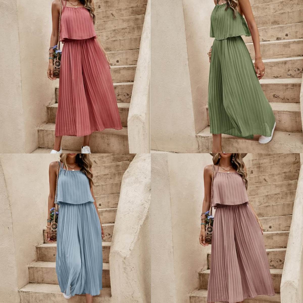 Women's Summer Solid Color Vacation Loose Suit Strap Backless Thin Romper Streetwear INS One-Piece Outfit Beach Style Striped Wide Leg Trousers Casual Suit - Velora