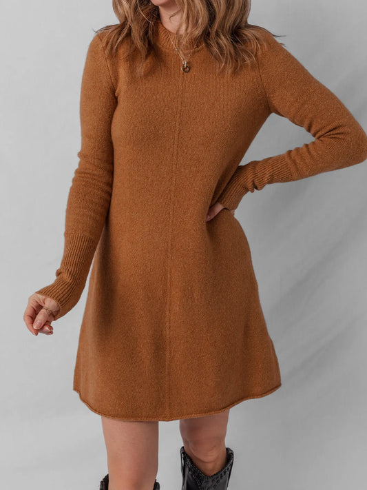 Ribbed Detail Solid Color Mini Sweater Dress - Velora