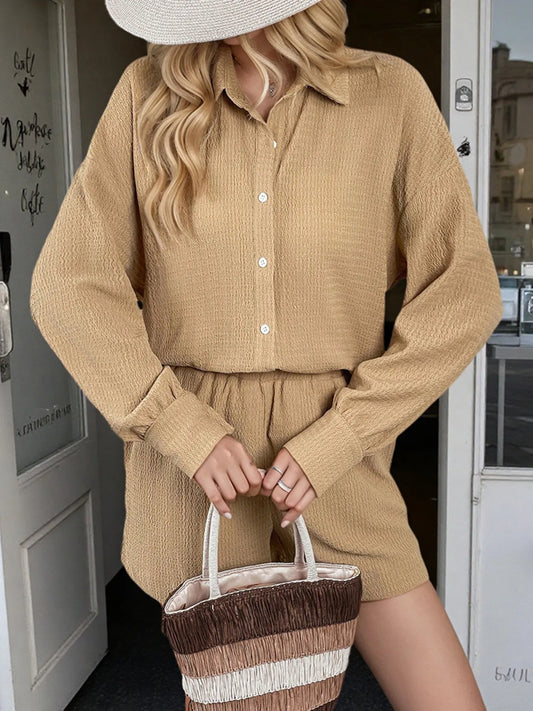 Button Up Long Sleeve Shirt and Shorts Set - Velora