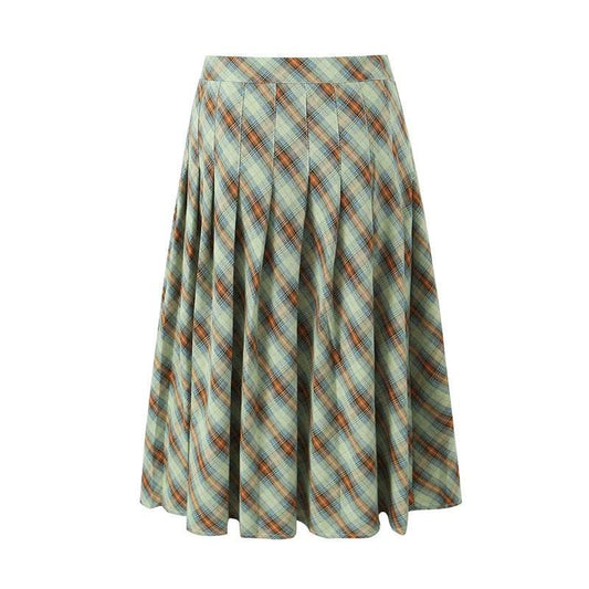 American Retro Low Waist Navel Plaid Pleated Long Skirt Women - Velora