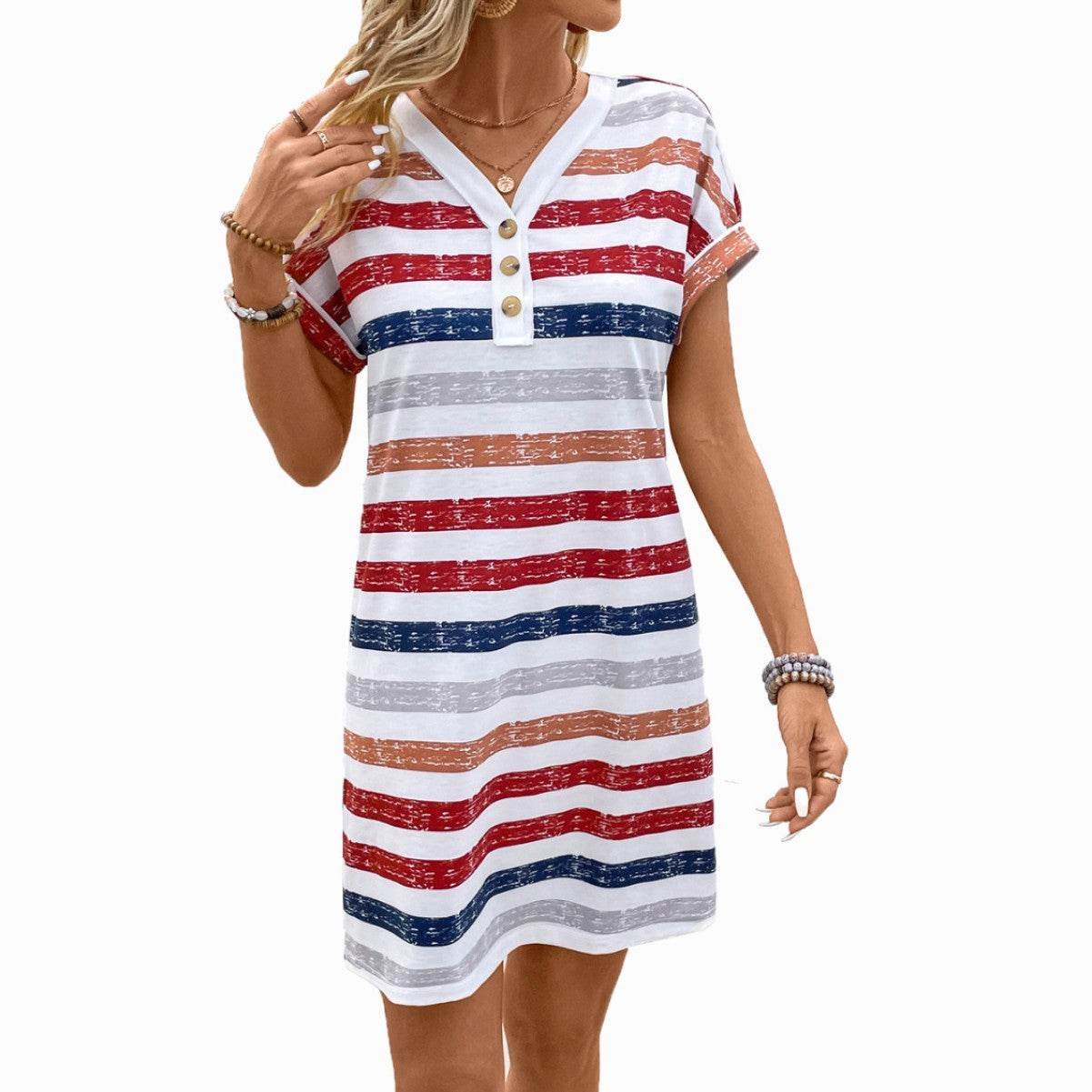 Color Striped Button V-neck Dress - Velora