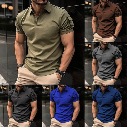 European And American Summer Men's Lapel Button P Arm Short Sleeve Pocket Sweatshirt - Velora