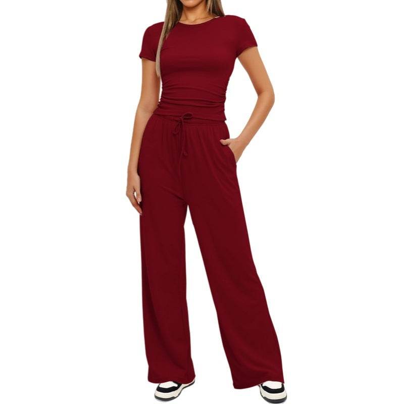 Fashion Casual Set Pleated Short Sleeves Top And Trousers - Velora