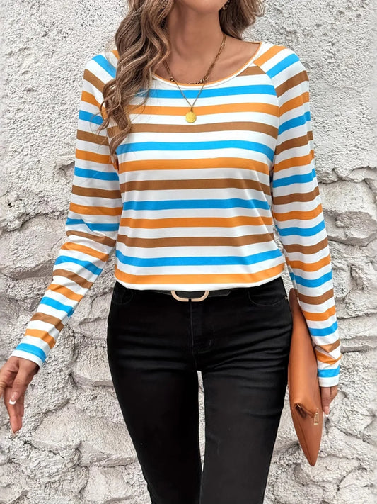 Full Size Striped Long Sleeve Casual Top Plus Size - Velora