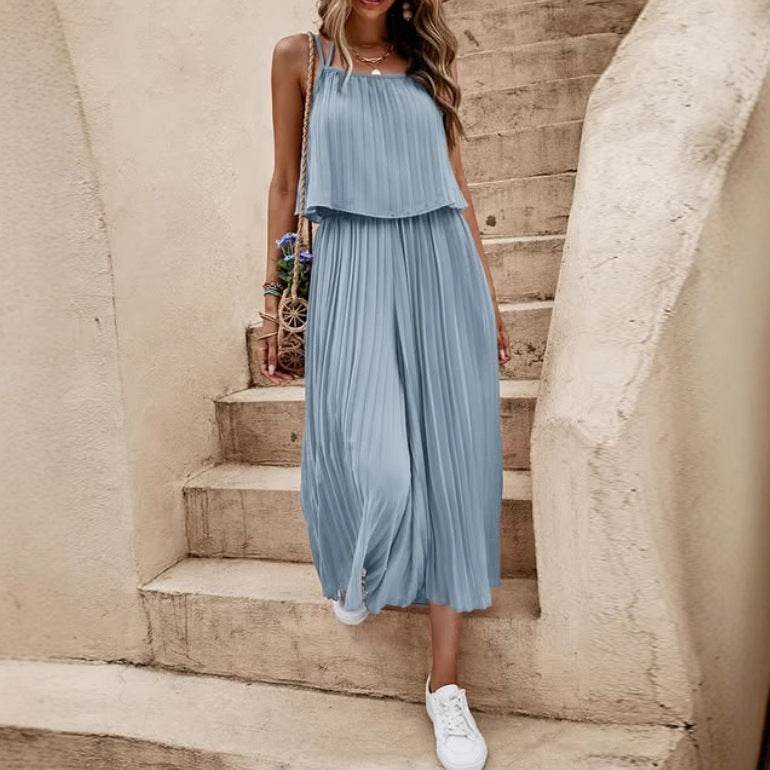 Women's Summer Solid Color Vacation Loose Suit Strap Backless Thin Romper Streetwear INS One-Piece Outfit Beach Style Striped Wide Leg Trousers Casual Suit - Velora