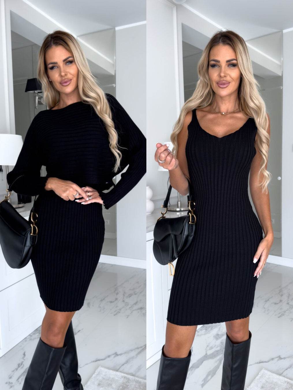 2pcs Suit Women's Solid Stripe Long-sleeved Top And Tight Suspender Skirt Fashion Autumn Winter Slim Clothing - Velora
