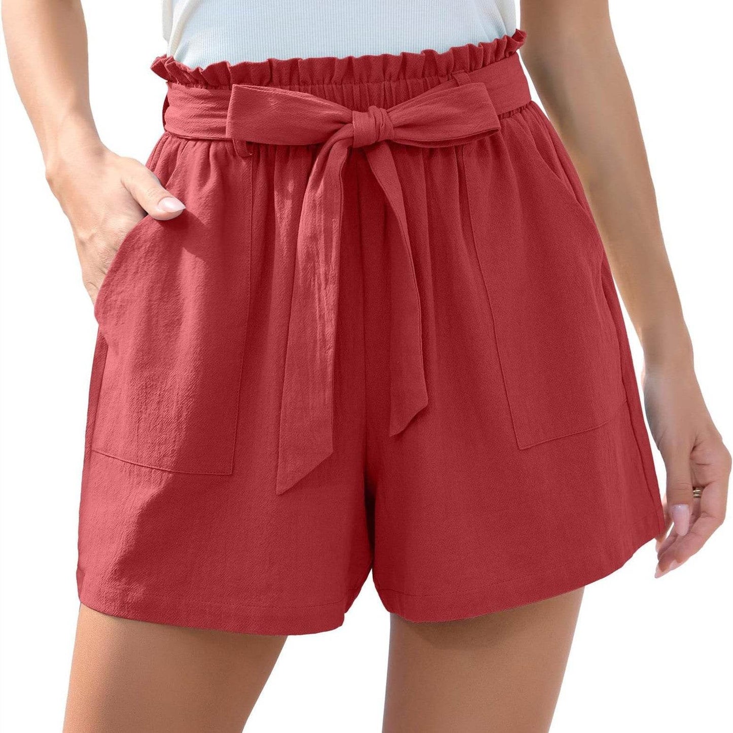 Fashion Ruffle Bow Waist Tie Shorts Summer Beach Pants With Pockets Womens Clothing - Velora