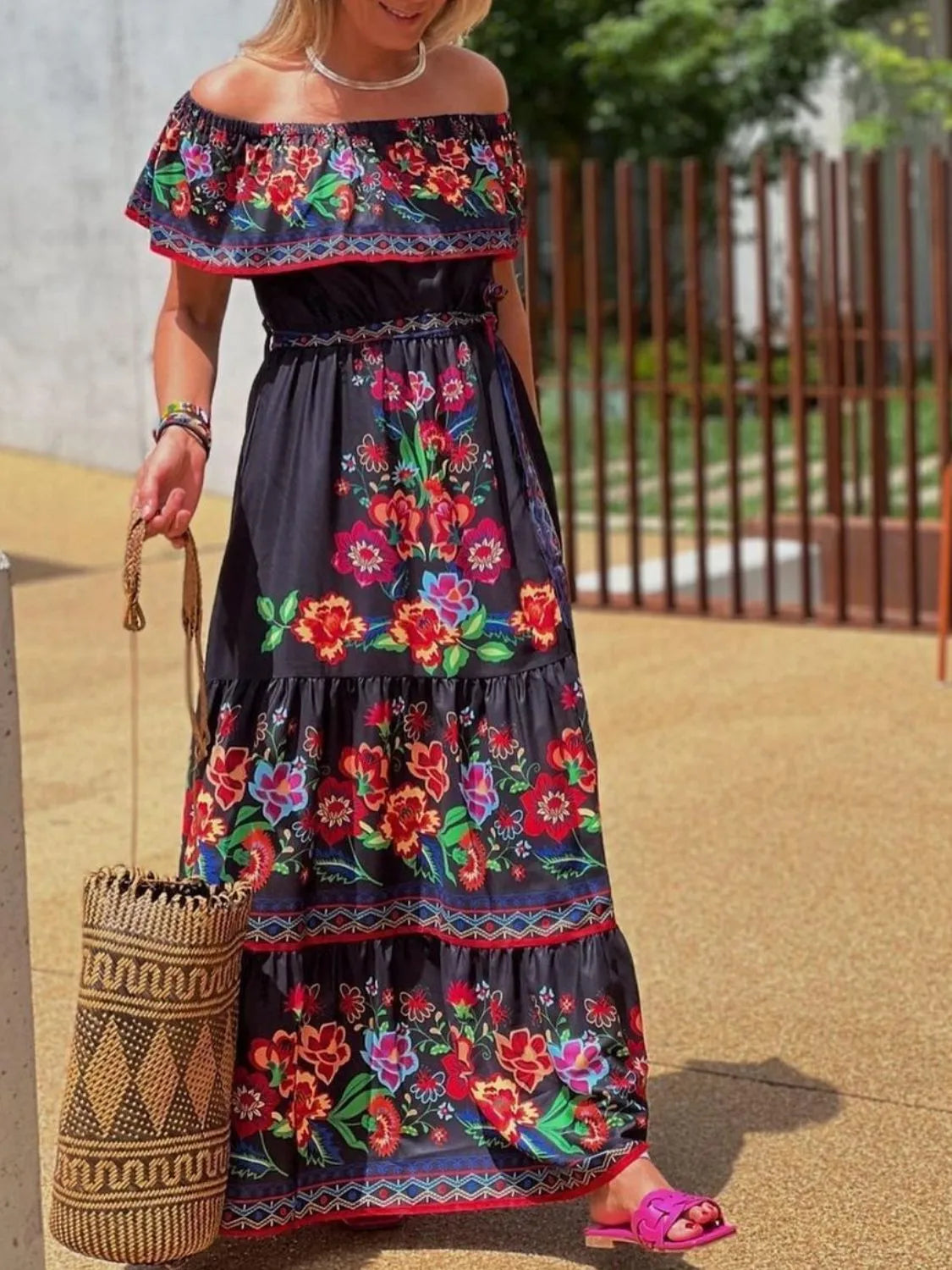 Floral Off Shoulder Ruffle Maxi Dress - Velora