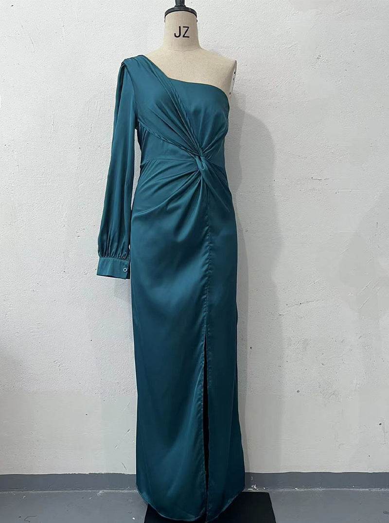 Women's One-shoulder Split Dress Ins Fashion Long-sleeved Slim Long Dresses Party Evening Clothing - Velora