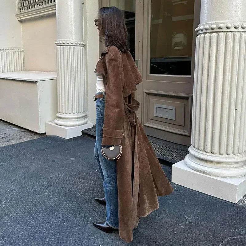 Double Breasted Lapel Shift Coat With Belt Fashion Vintage Suede Long Coat Winter Outwear Women's Clothing - Velora