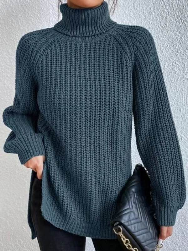 Turtleneck Pullover Sweater With Split Design Fashion Simple Solid Color Long Sleeve Tops Women's Clothing - Velora