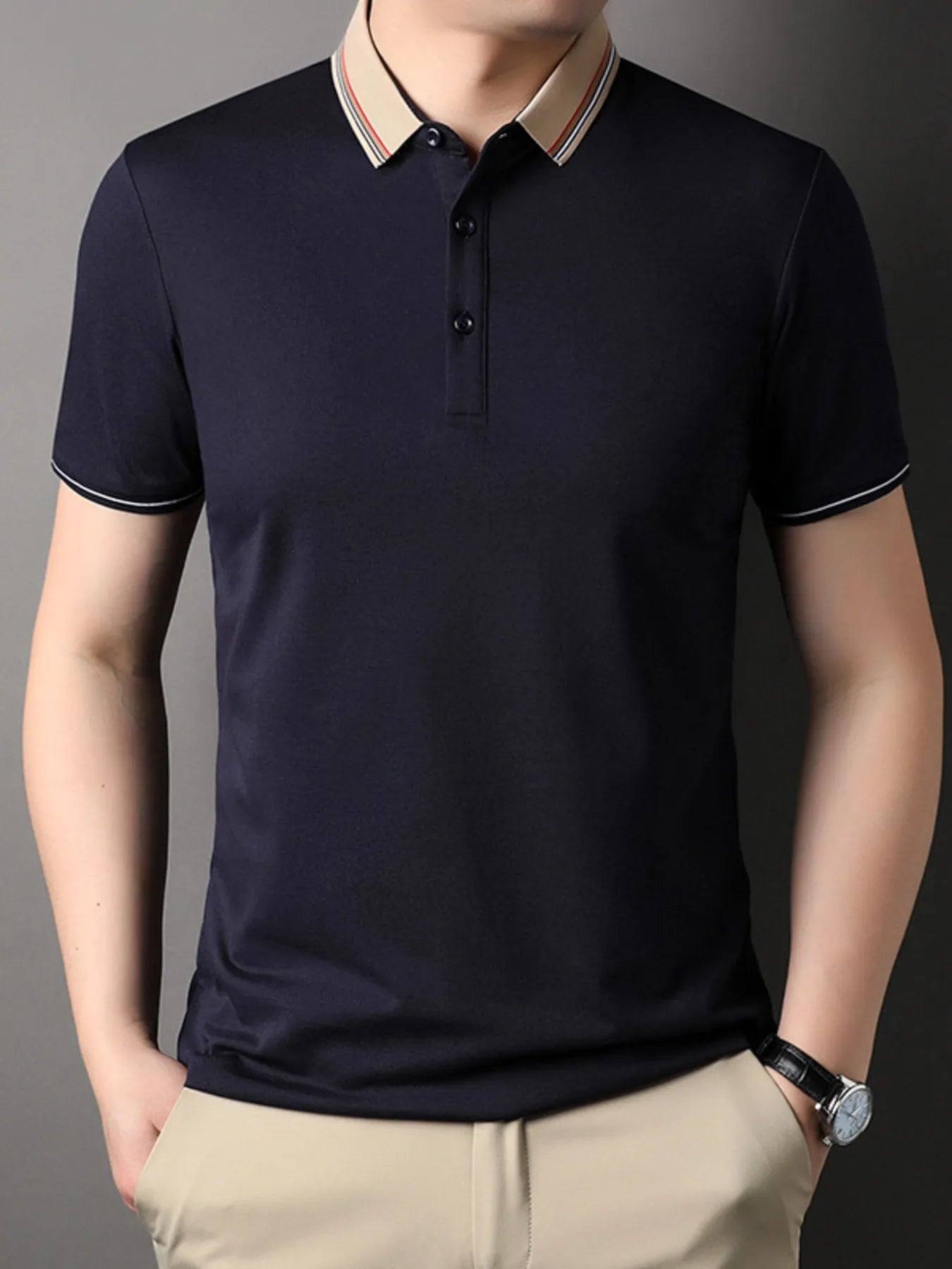 Men's Plus Size Striped Collar Short Sleeve Casual Polo Shirt - Velora