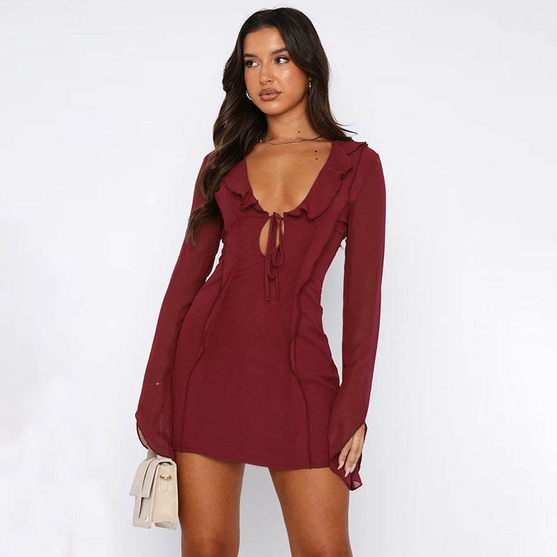 Sexy Ruffled V-neck Lace-up Long-sleeved Dress Fashion Y2K Skirt Slim Hip-covering Short Dresses For Womens Clothing - Velora