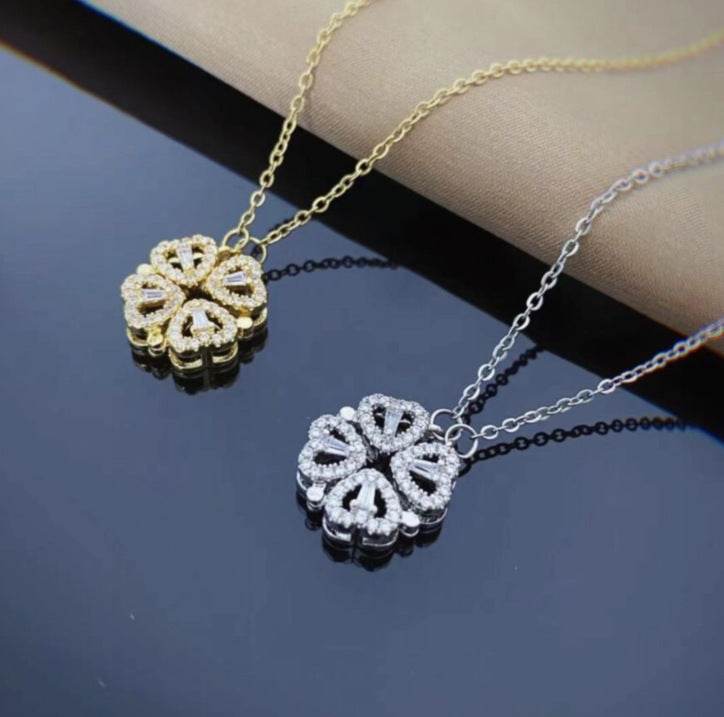 Retro Magnetic Folding Heart Shaped Four Leaf Clover Pendant Necklace Women Love Clavicle Chain Gifts Openable Choker Jewelry - Velora