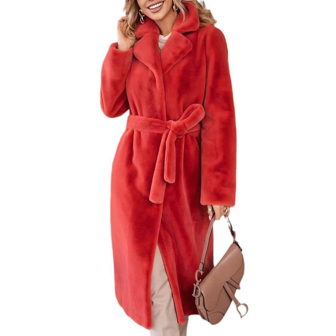 Women's Fashionable Elegant Lace-up Turn-down Collar Plush Long Coat - Velora