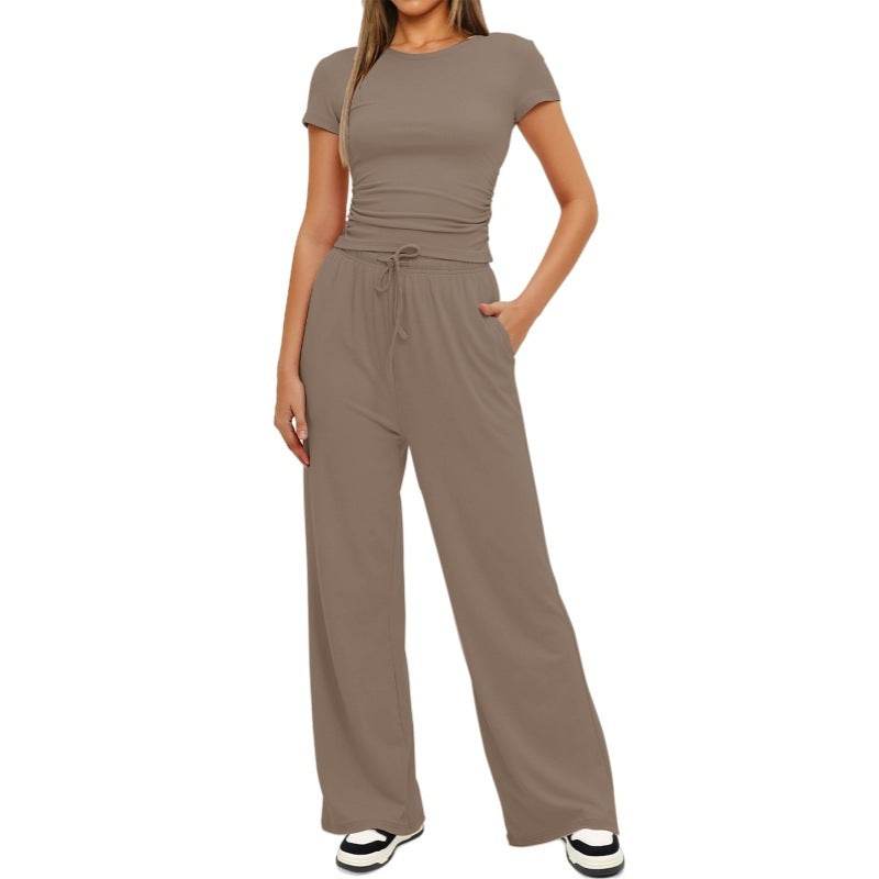 Fashion Casual Set Pleated Short Sleeves Top And Trousers - Velora