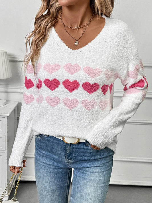 Heart Pattern V-Neck Sweater - Velora