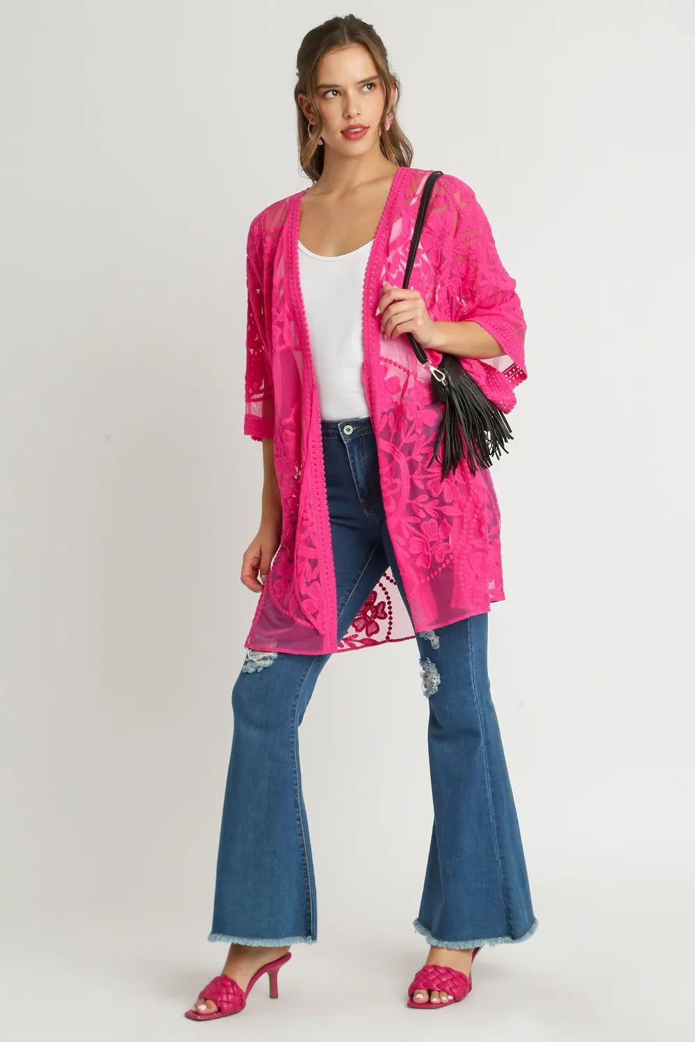 Umgee Full Size Floral Lace Open Front Kimono Sleevee Cover Up with Waist Tie Plus Size - Velora