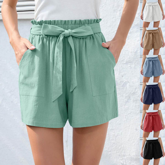 Fashion Ruffle Bow Waist Tie Shorts Summer Beach Pants With Pockets Womens Clothing - Velora