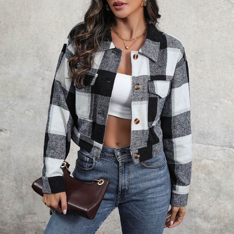 Plaid Lapel Cropped Jacket With Pockets Fashion Button Long Sleeve Short Outwear Tops Coat For Womens Clothing - Velora