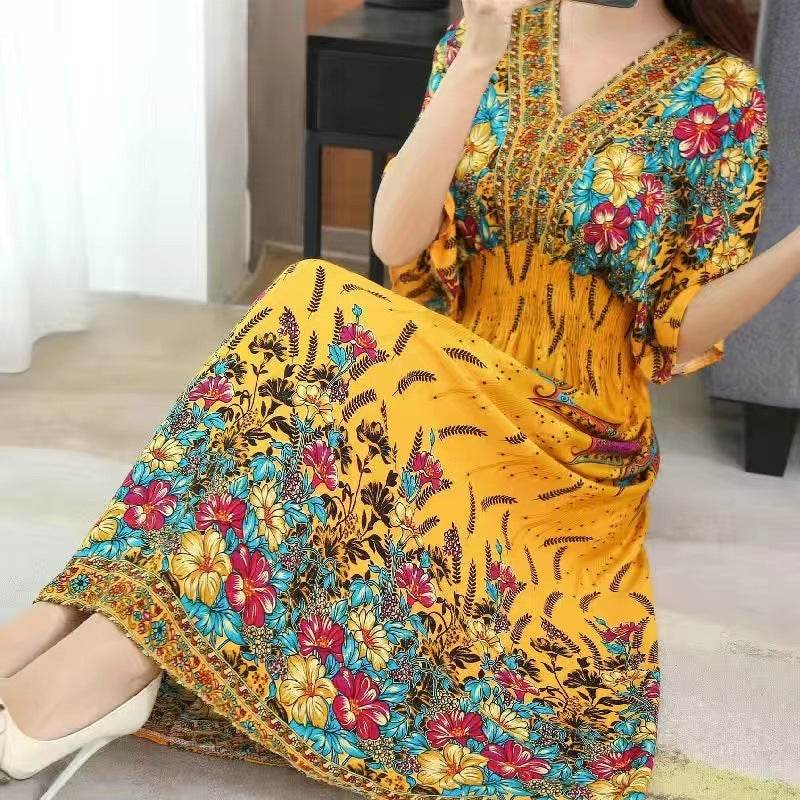 Cotton Silk Floral Dress Women's Summer Ethnic Style V-neck Short Sleeve Pastoral Style Skirt - Velora