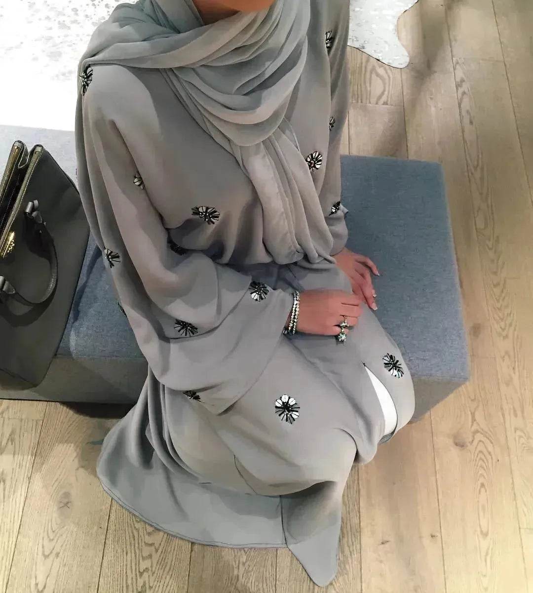 Elegant Embroidered Beaded Middle East Cardigan Robe Dress Open front Abaya Kimono - Velora