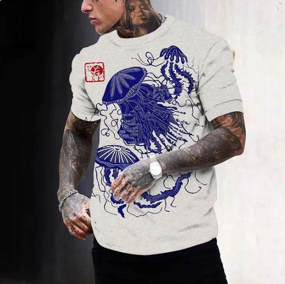 3D Printed Ukiyo-e T-shirt Men's Round Neck Short Sleeve - Velora