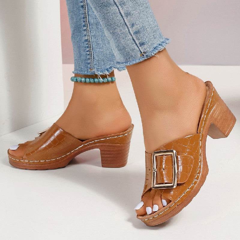 Fashion Crocodile-textured Buckle Sandals Square Chunky Heel Peep-toe Slides Slippers Women Shoes - Velora