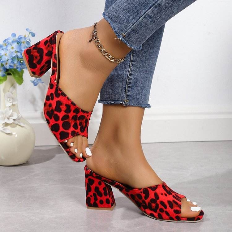 Leopard Square Toe Sandals Summer High-heeled Slippers Chunky Heel Shoes For Women - Velora