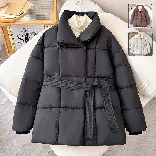 Winter Plaid Sewing Lapel Coat With Lace-up Design Fashion Loose Solid Thick Jacket Outerwear Women's Clothing - Velora