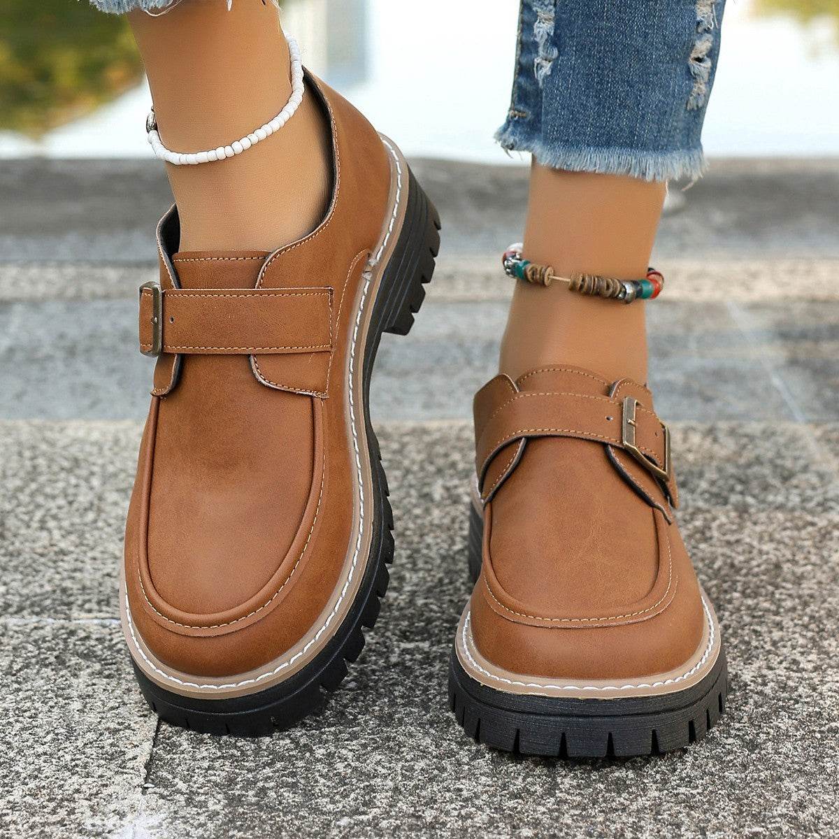 Fashion Buckle Loafers For Women British Style Height-increasing Thick-soled Casual Shoes - Velora