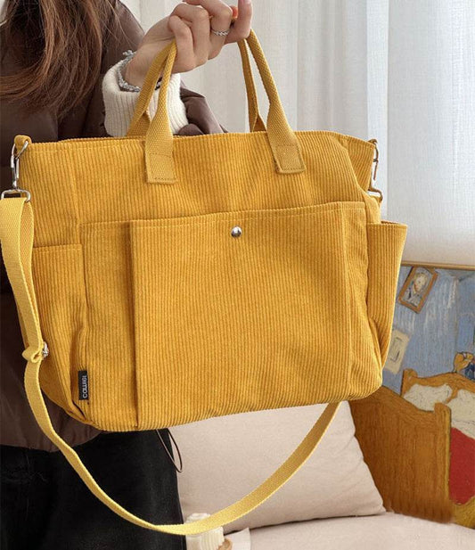 Thick Corduroy Shoulder Bags Simple All-match Commute Totes Student Leisure Artistic Portable Messenger Bag - Velora