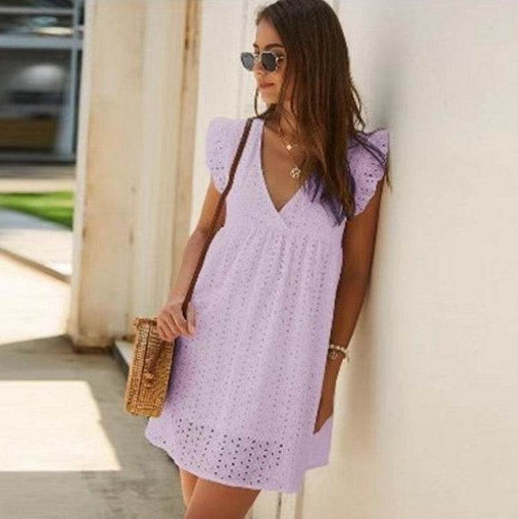 Summer V-neck Cotton Short Skirt Solid Color Dress - Velora