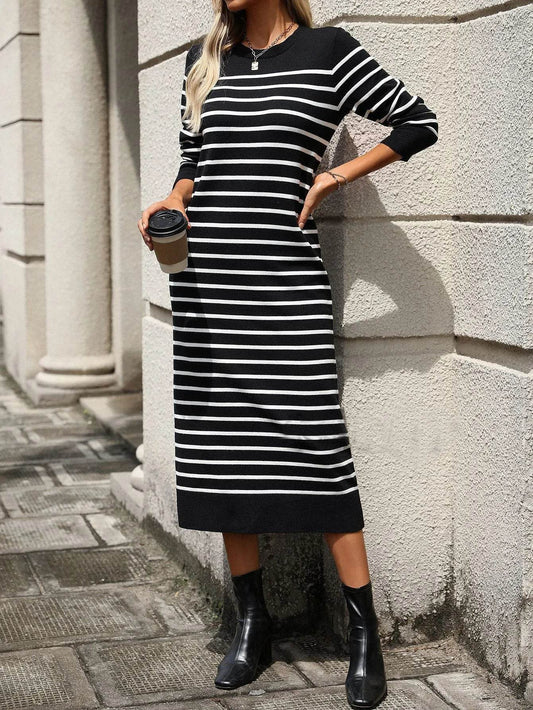 Slim Striped Printed Long Cashmere Dress Autumn And Winter Long Sleeve Dresses For Women - Velora