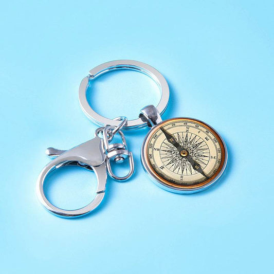 Vintage Steampunk Compass Picture Glass Dome Cabochon Pendant Keychains With Clasp - Velora
