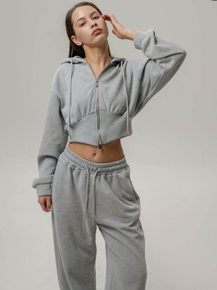 Long Sleeve Zipper Hooded Sweater Solid Color Laced Pants Two-piece Set - Velora