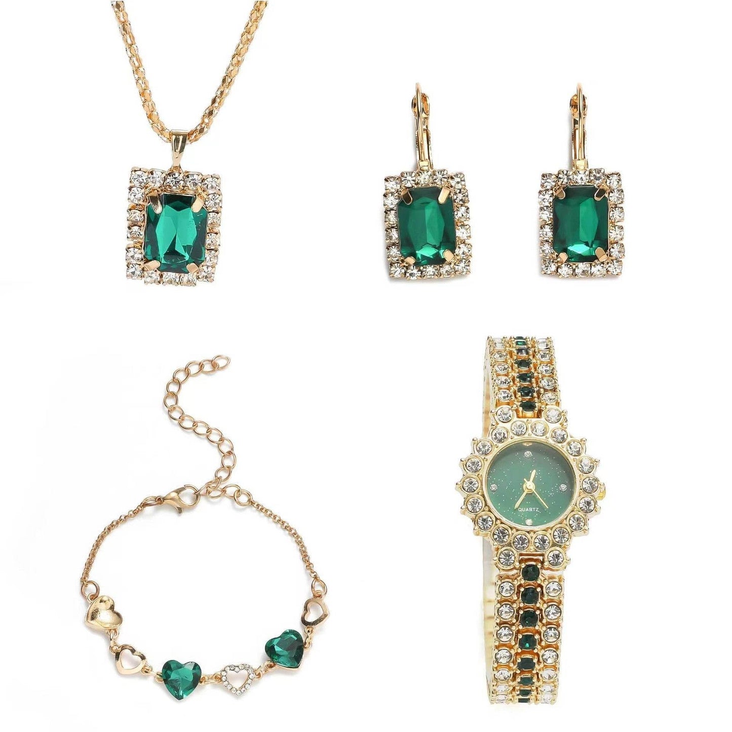 Popular Small Green Watch Women's Steel Belt Quartz Watch Ring Gift Set Boxed Five-piece Set - Velora