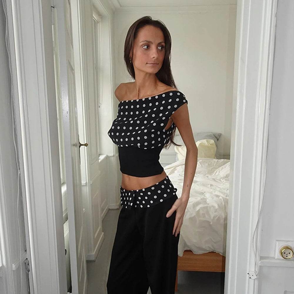 Polka Dots Print Oblique Shoulder Tops Summer Patchwork Chiffon Crop Top Women Sexy Sleeveless Lace Up Backless Blouse Casual Streetwear Tee - Velora