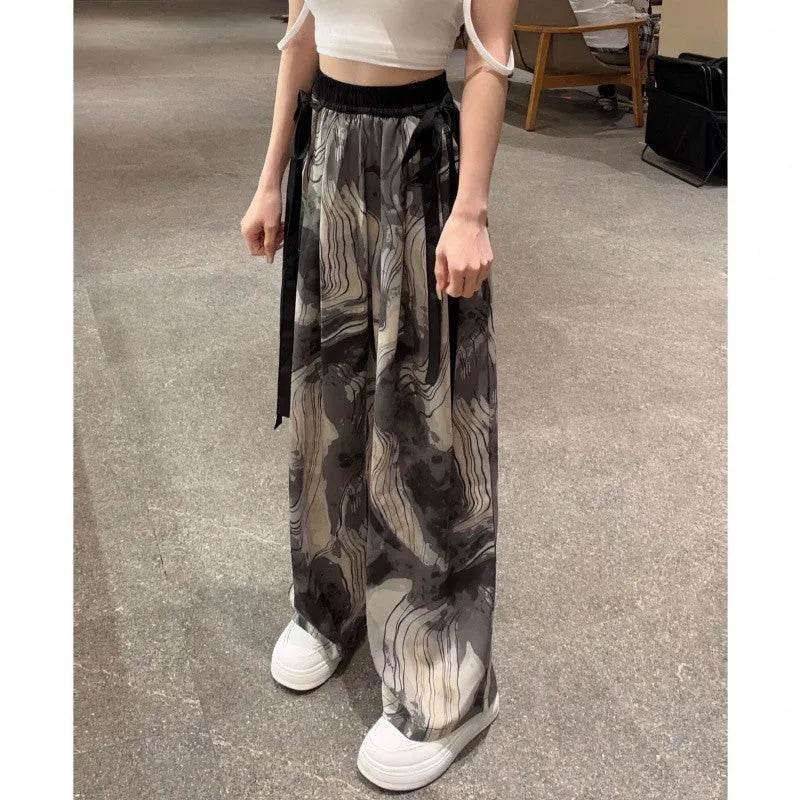 New Painting Ice Silk Wide-leg Baggy Trouser Pants Summer Women - Velora