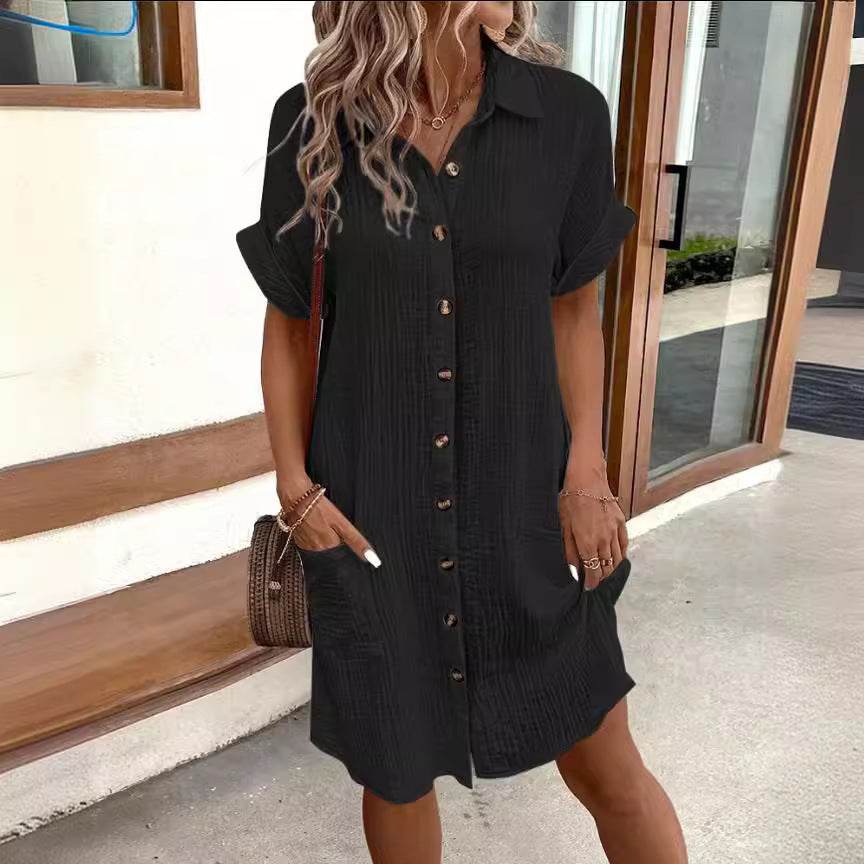 Summer Short Sleeve Shirt Dress Fashion Solid Color Single-breasted Mid-length Loose Dress - Velora
