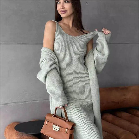 Women 2pcs Winter outfit set Long dress Cashmere Long Cardigan Jacket
