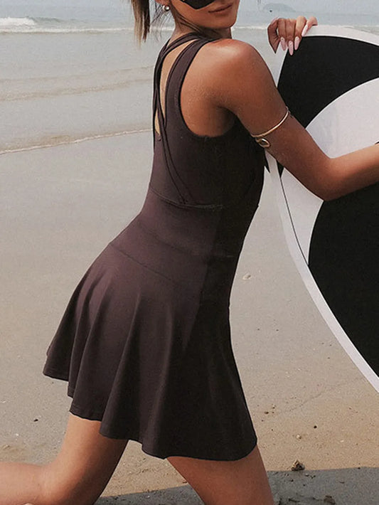 V-Neck Wide Strap Active Dress with Unitard Liner - Velora